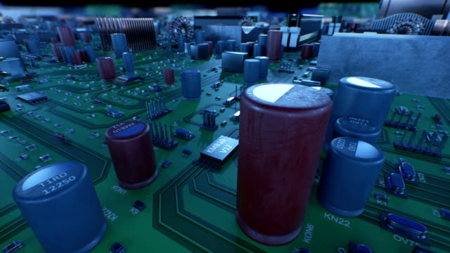 Schönen-Flug-über-die-Platine-an-den-Prozessor.-3D-Animation-von-Mainboard-und-CPU-mit-DOF.-Technologie-und-digitale-Konzept.