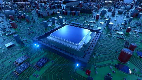 Processor-Installation-on-the-Motherboard-Process-with-Blue-Signals.-Beautiful-3d-Animation-of-Circuit-Board-and-CPU-with-Running-Electrons.-Technology-and-Digital-Concept.