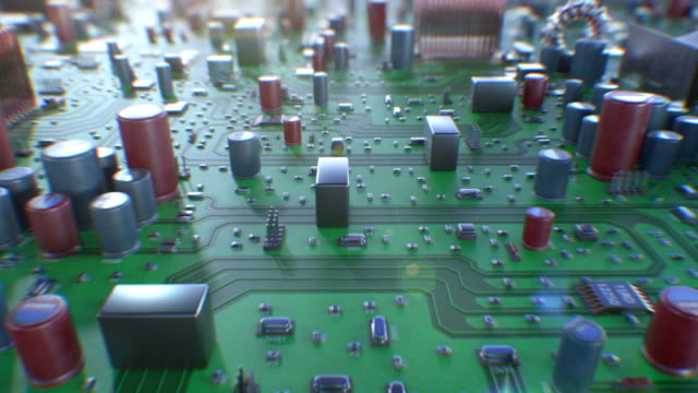 Beautiful-Flight-Over-the-Circuit-Board-with-DOF-Blur.-Looped-3d-Animation-of-Computer-Motherboard-Close-up.-Technology-and-Digital-Concept.