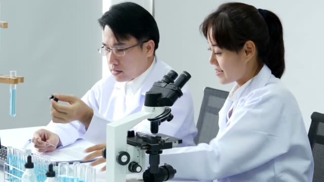 Männliche-Wissenschaftler-beraten,-wie-man-arbeitet-ein-team.-Asiatische-Wissenschaftler-im-Labor-zusammenarbeiten.-Menschen-mit-Medizin,-Wissenschaft,-Arzt,-medizinisches-Konzept.-4K-Auflösung.