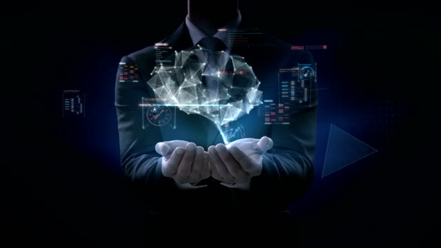 Geschäftsmann-öffnet-zwei-Palmen,-Gehirn-verbinden-digitale-Leitungen-mit-Digitalschnittstelle.-künstliche-Intelligenz-zu-wachsen.-4-k-Film.