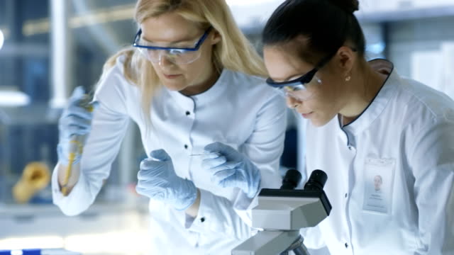Medizinische-Forschung-Wissenschaftler-Tropfen-probieren-auf-Folie-und-ihrer-Kollegin-untersucht-es-unter-Mikroskop.-Sie-arbeiten-in-einem-modernen-Labor.