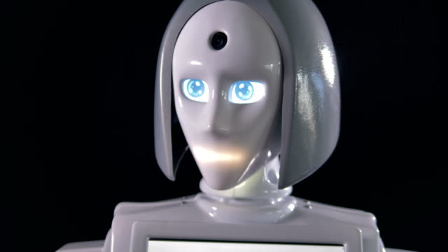 Eine-weiße-weibliche-Roboter-bewegen-die-Augen.