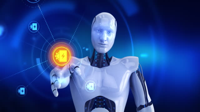 Robot-humanoide-tocando-en-la-pantalla-aparece-energía-solar-carga-de-símbolos