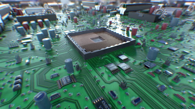 Processor-Installation-Process-on-the-Motherboard-with-DOF-Blur.-Beautiful-3d-Animation-of-Circuit-Board-and-CPU-Installing.-Technology-and-Digital-Concept.
