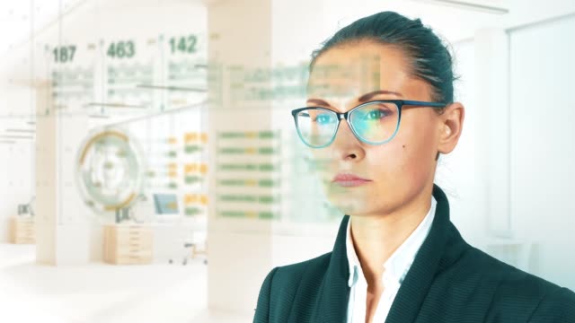 Business-Frau-HUD-und-Diagramm-bar-futuristisches-Concept-technologieelement-auf-hellem-Hintergrund