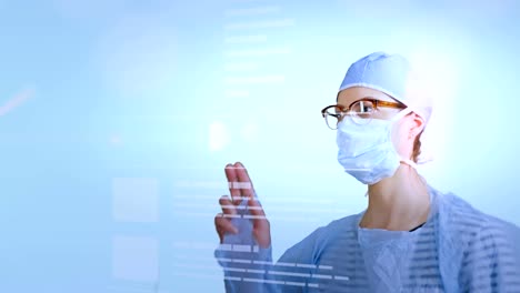 Weibliche-Chirurg-Daten-auf-eine-futuristische-Schnittstelle-zu-studieren.