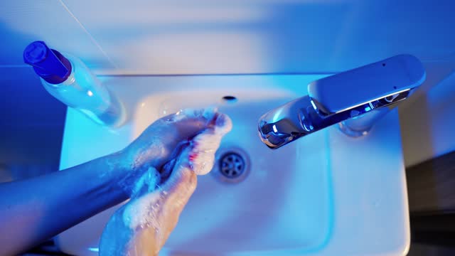 La-mujer-usa-jabón-y-lávese-las-manos-bajo-el-grifo-del-agua.-Higiene.-Detener-el-coronavirus