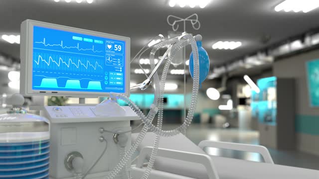 cg-medizinische-3D-Animation,-Medizinisches-Beatmungsgerät-auf-der-Intensivstation-in-der-Klinik
