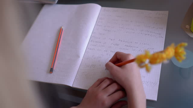 Mädchen-schreiben-Hausaufgaben-zu-Hause