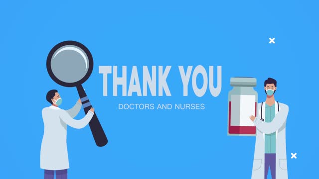 Danke-Ärzte-und-Krankenschwestern-Schriftzug-mit-Lupe-und-Impfstoff-Fläschchen