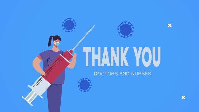 Dankeschön-Ärzte-und-Krankenschwestern-Schriftzug-mit-Chirurg-und-Impfstoff