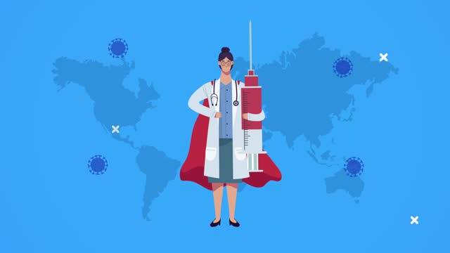 Weibliche-Held-in-Arzt-mit-covid19-Impfstoff-auf-dem-Planeten