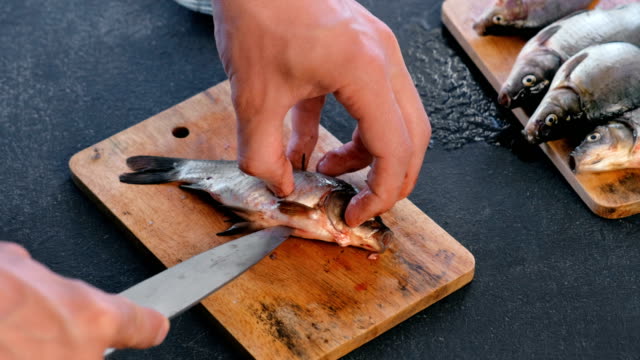 Man-gutting-a-carp-fish.-Cooking-fish.-Hands-close-up.