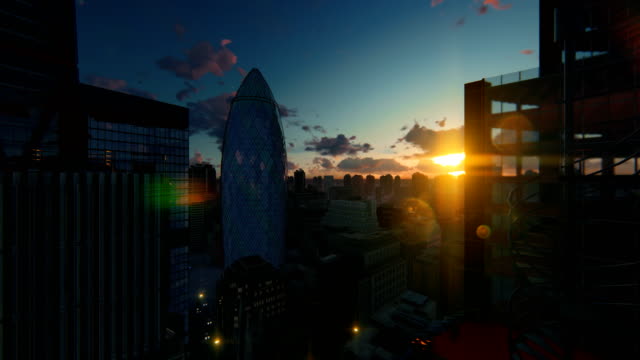 London-beautiful-sunset-over-The-Gherkin,-Swiss-Reinsurance-Headquarters,-drone-fly-4K