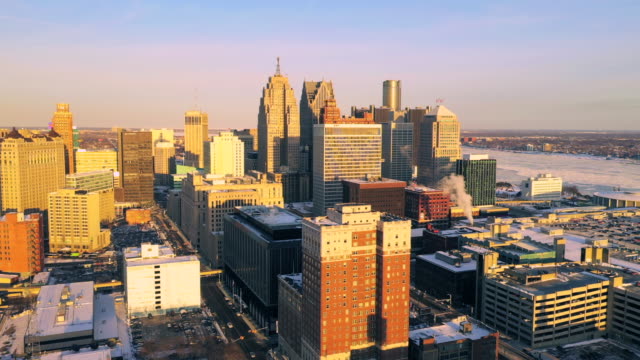 Detroit-downtown-aerial-view-Winter-at-Sunset