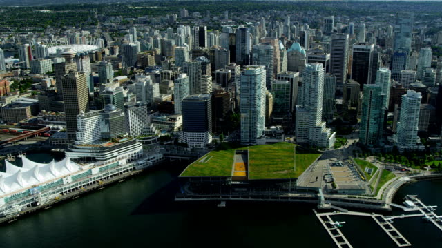 Aerial-view-Skyscrapers-Downtown-Vancouver-Harbour,-Vancouver