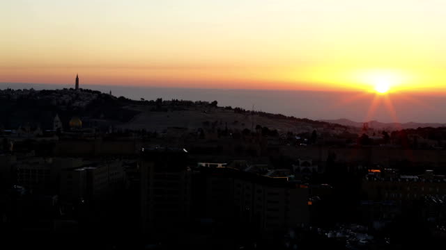 Sunrise-Time-Lapse-sobre-casco-antiguo-de-la-ciudad,-Jerusalén,-Israel