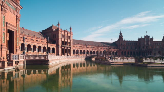 Sevilla-berühmten-Palast-des-spanischen-Sonne-Licht-Teich-Der-Veranstaltungsraum-\"-panorama\"--4-k-Zeitraffer