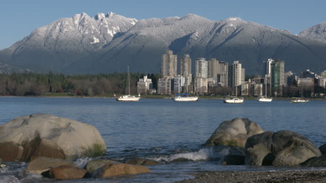 Vancouver-Towers,-Mountain-Snow,-English-Bay-4K