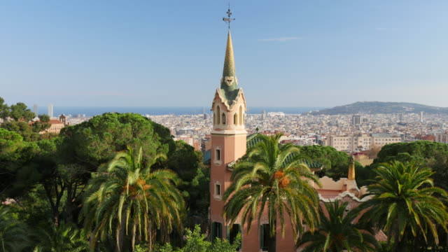 Panning-shot-of-Barcelona-skyline.--View-from-Guell-park
