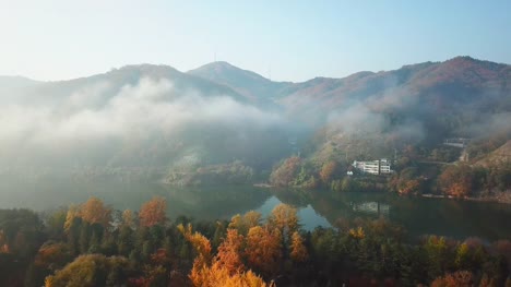 Aerial-view-autumn-of-Nami-island,-Seoul,-South-Korea