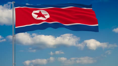 Flagge-von-North-Koreaagainst-Hintergrund-Wolken-am-blauen-Himmel-schweben
