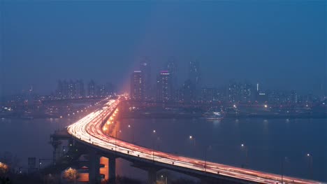Seoul,-Korea,-Timelapse----Wide-angle-view-of-the-Cheongdam-Bridge-from-day-to-night-in-Seoul