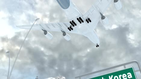 Südkorea,-Ansatz,-das-Flugzeug-zu-landen