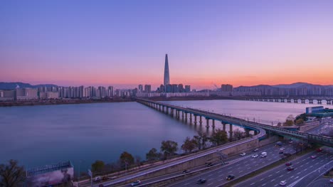 Zeitraffer-Sonnenuntergang-von-Seoul-City-Skyline,-Südkorea.