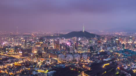 Zeitraffer-Stadtansicht-von-Seoul,-Seoul-Turm,-Süden-Korea.