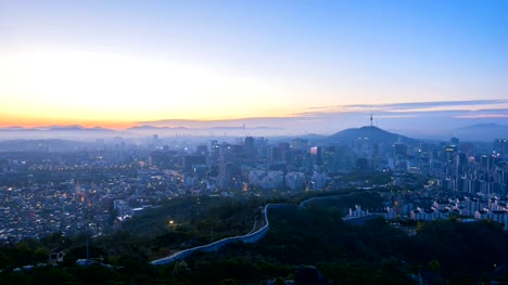 Ciudad-de-Seúl-de-noche-a-día,-amanecer-de-lapso-de-tiempo-de-la-ciudad-horizonte-Seúl