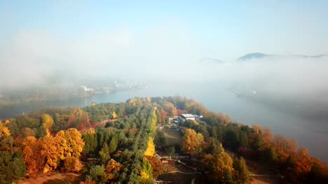 Aerial-view-autumn-of-Nami-island,-South-Korea