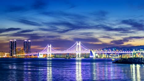 Timelapse-of-Gwangan-Bridge-and-Haeundae-at-Sunset,-Busan-City,-South-Korea.Timelapse-4k