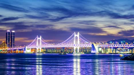 Timelapse-Gwangan-Brücke-und-Haeundae-bei-Sonnenuntergang,-Busan-City-Süd-Korea.Timelapse-4k