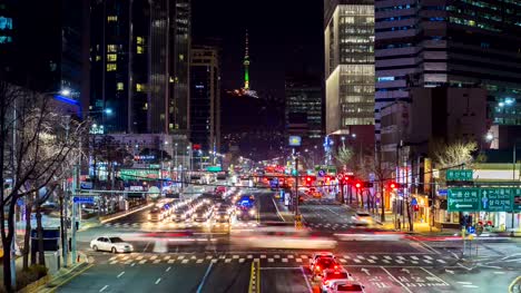 Timelapse-Traffic-at-night-in-Seoul-City,-South-Korea