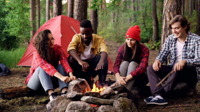 Young-men-and-women-travelers-are-sitting-around-fire,-telling-stories-and-laughing,-handsome-guy-is-throwing-firewood-in-flame.-Tent-and-backpacks-are-visible.