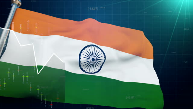 India-flag-on-stock-market-background,-trade-finances-Bombay,-exchange-currency