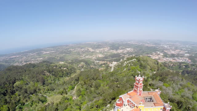 Aerial-video-footage-of-Pena-National-Palace-in-Sintra,-Portugal