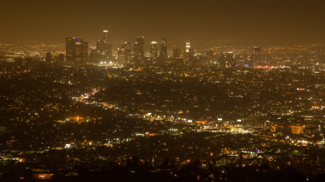 Downtown-Los-Angeles-Skyline-at-Night-in-4K:-Timelapse