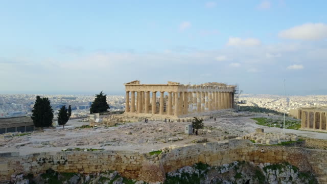 Ancient-Greek-Ruins-Aerial-View-of-Acropolis-of-Athens-Tracking-Left
