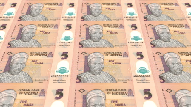 Series-of-banknotes-of-five-nigerian-naira-of-the-Central-Bank-of-Nigeria-rolling-on-screen,-coins-of-the-world,-cash-money,-loop