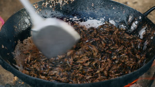 Woman-stirring-deep-frying-grasshoppers-in-a-wok-using-metal-tongs-(-close-up)