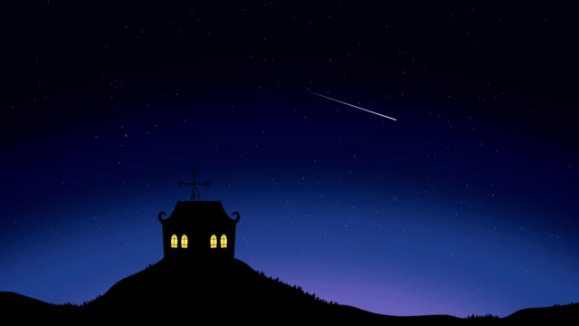 Haus-auf-einem-schönen-Nachthimmel-mit-Sternschnuppen