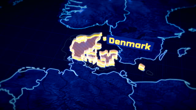 Visualización-en-3D-Dinamarca-país-frontera,-contorno-del-mapa-moderno,-viajes