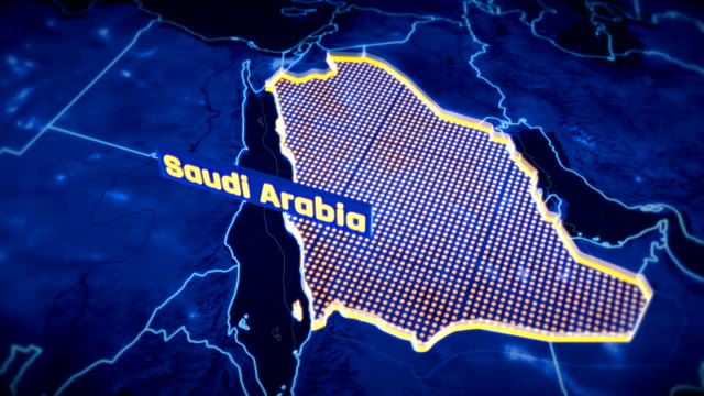 Visualización-en-3D-Arabia-Saudita-país-frontera,-contorno-del-mapa-moderno,-viajes