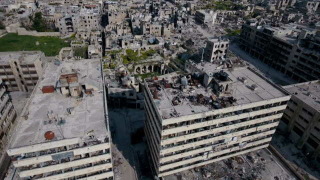 Aerial-shot-of-demolished-city-building