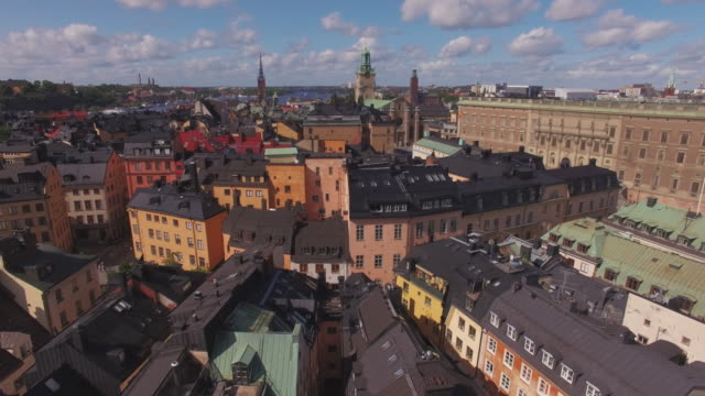 Aerial-Stockholm-city-center.-View-of-Old-Town-buildings-and-Stockholm-Palace