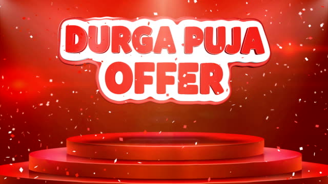Durga-Puja-oferta-texto-animación-Stage-podium-confeti-bucle-animación