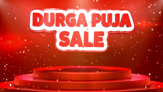 Durga-Puja-Verkauf-Textanimation-Bühne-Podium-Konfetti-Schleife-Animation